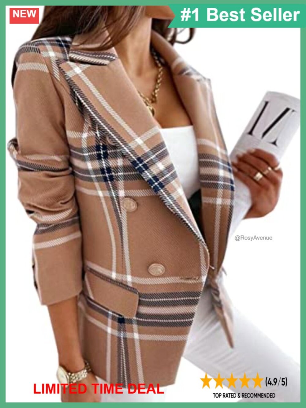 Women's Double Breasted Plaid Blazer Notch Lapel Slim Fit Long Sleeve